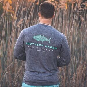 NWOT Southern Marsh Charcoal Fieldtec Long Sleeve Tee with Teal Tuna Graphic